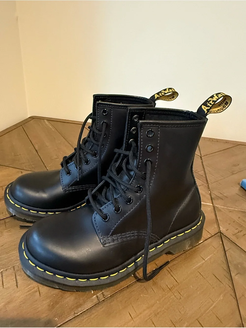 Dr. Martens Kids Black Leather Lace-Up Boots with Yellow Stitching